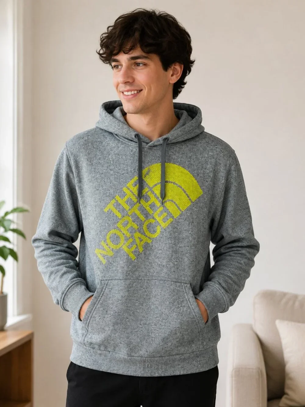 The North Face Gray Heather Logo Hoodie Men’s Medium Neon Yellow Pullover
